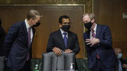 FireEye CEO Kevin Mandia, SolarWinds CEO Sudhakar Ramakrishna and Microsoft President Brad Smith (left to right) talk with each other before the start of a Senate Intelligence Committee hearing on Capitol Hill on February 23, 2021 in Washington, DC. The hearing focused on the 2020 cyberattack that resulted in a series of data breaches within several agencies and departments in the U.S. federal government. Drew Angerer | Getty Images News | Getty Images