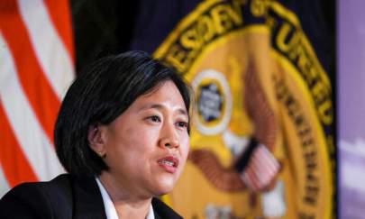 U.S. Trade Representative Katherine Tai addresses the Geneva Graduate Institute on the role of the World Trade Organization (WTO) in the global economy and U.S. policy priorities ahead of the 12th Ministerial Conference in Geneva, Switzerland Oct. 14, 2021. (Denis Balibouse/Reuters)