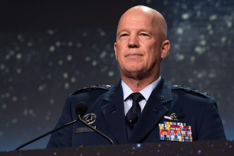 Chief of Space Operations Gen. John W. “Jay” Raymond, speaks during the opening ceremony of the 36th Space Symposium in Colorado Springs, Colorado. During the ceremony General Raymond accepted the 2021 Space Achievement Award on behalf of the U.S. Space Force. (U.S. Space Force photo by Staff Sgt. Jared Bunn)