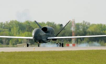 The first RQ-4 Global Hawk arrives to Grand Forks Air Force Base May 26, 2011. (U.S. Air Force photo by Tech. Sgt. Johnny Saldivar)