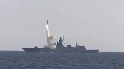 Russian Ministry of Defense Russia's lead Admiral Gorshkov-class frigate test-fires the Tsirkon hypersonic cruise missile from the White Sea toward a land target on the coast of the Barents Sea more than 200 miles away in this photo published July 19.