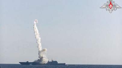 In this photo taken from video distributed by Russian Defense Ministry Press Service, a new Zircon hypersonic cruise missile is launched by the frigate Admiral Gorshkov of the Russian navy from the White Sea, in the north of Russia, Russia, Monday, July 19, 2021. (Russian Defense Ministry Press Service via AP)