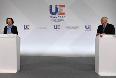 France's Defence Minister Florence Parly (L) and European Union High Representative for Foreign Affairs and Security Policy Josep Borrell (R) address a press conference during an informal meeting of EU defence and foreign ministers on January 13, 2022 in Brest, Brittany, as France currently holds the bloc's rotating presidency. (Photo by Fred Tanneau/AFP via Getty Images)