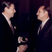 President Ronald Reagan presents the Gold Eagle to Dr. Henry A. Fischer, President of ASCF