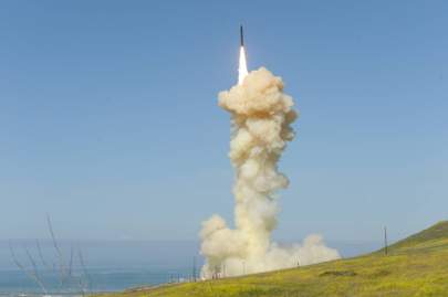 The 'lead' Ground-based Interceptor is launched from Vandenberg Air Force Base, Calif., March 25, 2019, in the first-ever salvo engagement test of a threat-representative ICBM target. (Photo courtesy of Missile Defense Agency)