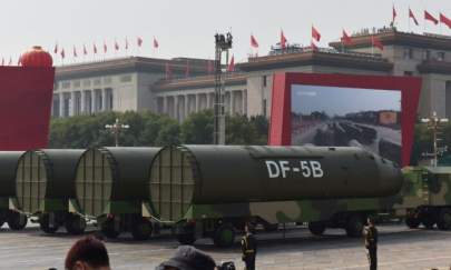 Military vehicles carrying DF-5B intercontinental ballistic missiles participate in a military parade at Tiananmen Square in Beijing on Oct. 1, 2019. (Greg Baker/AFP via Getty Images)