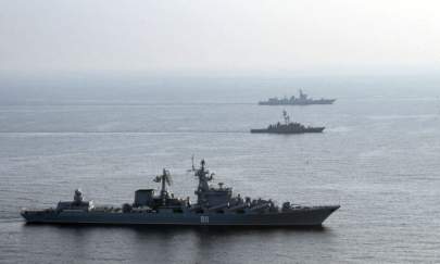 Iranian, Russia, and Chinese warships during a joint military drill in the Indian ocean. Iran, Russia and China will began today joint naval drills for three days in the Indian Ocean, seeking to reinforce "common security", an Iranian naval official said on Jan. 21 2022. (Iranian Army office/AFP via Getty Images)