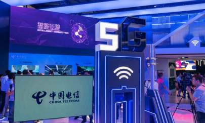 A China Telecom stand displaying 5G technology during the Mobile World Conference in Shanghai on June 27, 2018. (AFP/Getty Images)