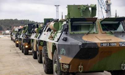 Armoured vehicles of NATO's rapid reaction force brigade in Fredrikstad, Norway, on March 10, 2022. (Geir Olsen/NTB/AFP via Getty Images)